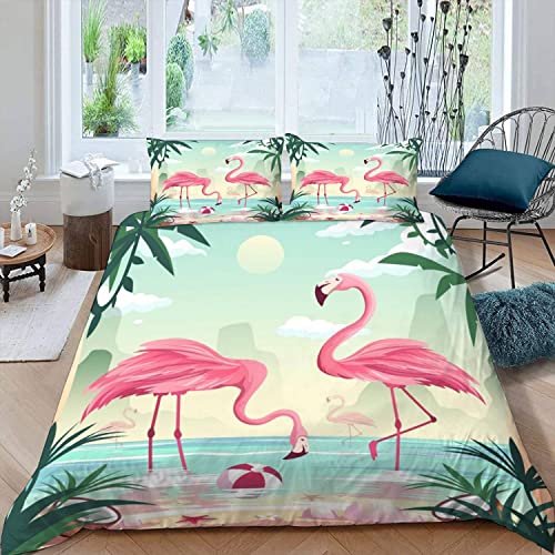 ALABOW 100% Microfaser 3D Ozean Bettwäsche 220x240 cm 3teilig mit Reißverschluss Bettwäsche Strand Flamingos Weich und Angenehme Bettwaren Set mit 2 Kissenbezug 80x80 cm für Erwachsener von ALABOW