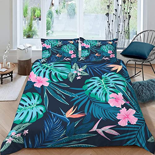 ALABOW 100% Microfaser 3D Palmenblätter Bettwäsche 220x240 cm 3teilig mit Reißverschluss Bettwäsche Tropisch Dschungel Blumen Weich Angenehme Bettwaren Set mit 2 Kissenbezug 80x80 für Erwachsener von ALABOW