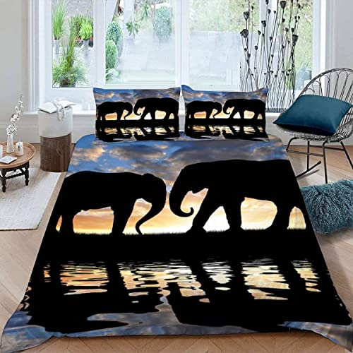 ALABOW 100% Microfaser Elefant Bettwäsche 200x200 cm 3teilig mit Reißverschluss 3D Sonnenuntergang Tiere Sommerbettwäsche Sets Warme Winter Weich Bettbezug mit 2 Kissenbezug 80x80 cm von ALABOW