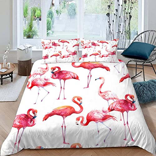 ALABOW 100% Microfaser Flamingo Bettwäsche 200x200 cm 3teilig mit Reißverschluss 3D Tropisch Tier Flamingo Sommerbettwäsche Sets Warme Winter Weich Bettbezug mit 2 Kissenbezug 80x80 cm von ALABOW