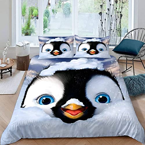 ALABOW 100% Microfaser Pinguin Bettwäsche 200x200 cm 3teilig mit Reißverschluss 3D Winterthema Sommerbettwäsche Sets Warme Winter Weich Bettbezug mit 2 Kissenbezug 80x80 cm von ALABOW