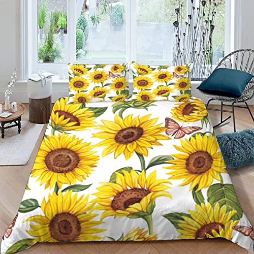 ALABOW 100% Microfaser Sonnenblume Bettwäsche 200x200 cm 3teilig mit Reißverschluss 3D Schmetterling Blume Sommerbettwäsche Sets Warme Winter Weich Bettbezug mit 2 Kissenbezug 80x80 cm von ALABOW