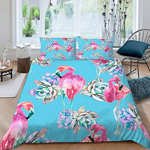 ALABOW 3D Flamingo Bettwäsche 135x200 cm 4teilig mit Reißverschluss Microfaser Warme Weich Bettbezug Set Tropisch Blumen Pflanzen Kinderbettwäsche mit 2 Kissenbezug 80x80 für Mädchen Junge von ALABOW