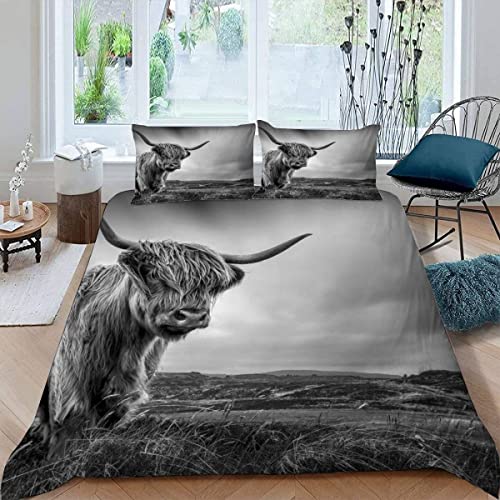 ALABOW 3D Highland Kuh Bettwäsche Set 135x200 cm 2teilig mit Reißverschluss Weiche und Angenehme Schlafkomfort Microfaser Bettbezug Winter Tiere Vieh Kinderbettwäsche mit Kissenbezug 80x80 cm von ALABOW