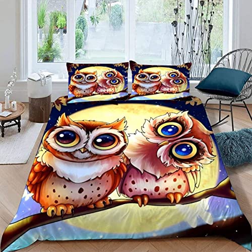 ALABOW 3D Kawaii Eule Bettwäsche 135x200 cm 4teilig mit Reißverschluss Microfaser Warme Weich Bettbezug Set Mond Kinderbettwäsche mit 2 Kissenbezug 80x80 für Mädchen Junge von ALABOW