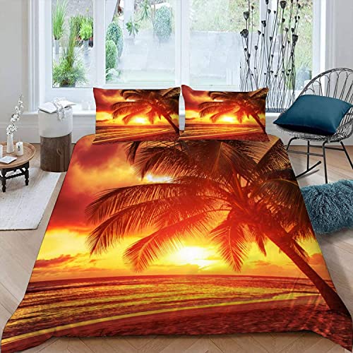 ALABOW 3D Ozean Bettwäsche 135x200 cm 4teilig mit Reißverschluss Microfaser Warme Sommer Weich Bettbezug Set Sonnenuntergang Palmen Kinderbettwäsche mit 2 Kissenbezug 80x80 für Mädchen Junge von ALABOW