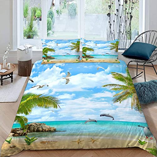 ALABOW 3D Ozean Bettwäsche 135x200 cm 4teilig mit Reißverschluss Microfaser Warme Sommer Weich Bettbezug Set Strand Palmen Kinderbettwäsche mit 2 Kissenbezug 80x80 für Mädchen Junge von ALABOW