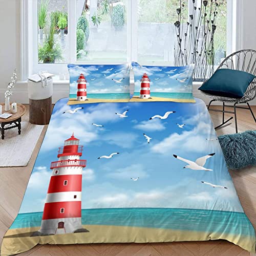 ALABOW 3D Ozean Bettwäsche Set 135x200 cm 2teilig mit Reißverschluss Weiche und Angenehme Schlafkomfort Microfaser Bettbezug Strand Leuchtturm Kinderbettwäsche mit Kissenbezug 80x80 cm von ALABOW