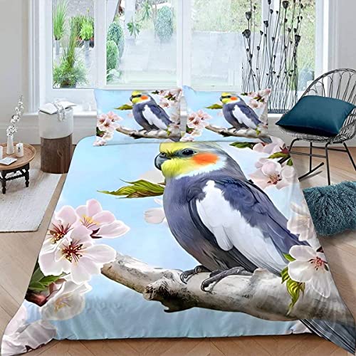 ALABOW 3D Papagei Bettwäsche 135x200 cm 4teilig mit Reißverschluss Microfaser Warme Weich Bettbezug Set Rosa Sakura Kinderbettwäsche mit 2 Kissenbezug 80x80 für Mädchen Junge von ALABOW