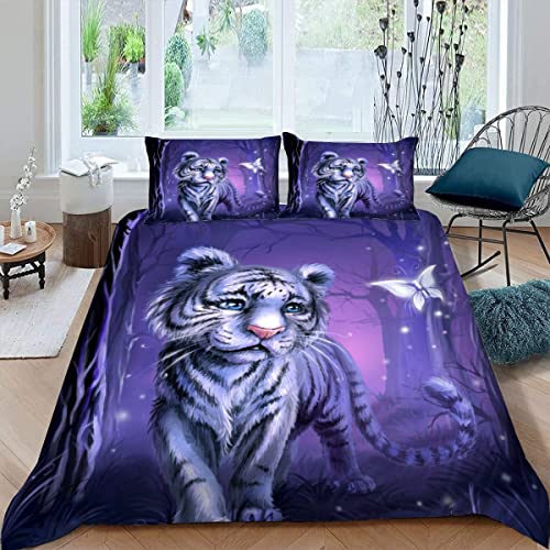 ALABOW 3D Tiger Bettwäsche 135x200 cm 4teilig mit Reißverschluss Microfaser Warme Sommer Weich Bettbezug Set Wald Schmetterling Kinderbettwäsche mit 2 Kissenbezug 80x80 cm für Mädchen Junge von ALABOW