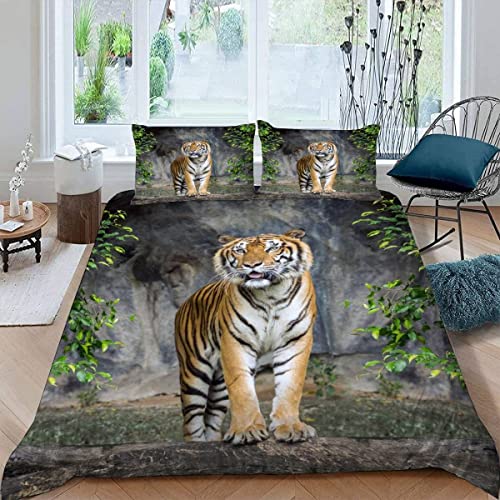 ALABOW 3D Tiger Bettwäsche Set 135x200 cm 2teilig mit Reißverschluss Weiche und Angenehme Schlafkomfort Microfaser Bettbezug Dschungel Tiger Kinderbettwäsche mit Kissenbezug 80x80 cm von ALABOW