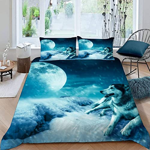 ALABOW 3D Wolf Bettwäsche 135x200 cm 4teilig mit Reißverschluss Microfaser Warme Weich Bettbezug Set Winter Mond Kinderbettwäsche mit 2 Kissenbezug 80x80 für Mädchen Junge von ALABOW