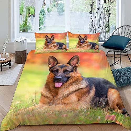 ALABOW Deutscher Schäferhund Bettwäsche 155x220 cm 3teilig mit Reißverschluss 3D Herbst Hund Bettwäsche Sets Warme Winter Sommer Weich Bettbezüge mit 2 Kissenbezug 80x80 cm für Teenager von ALABOW