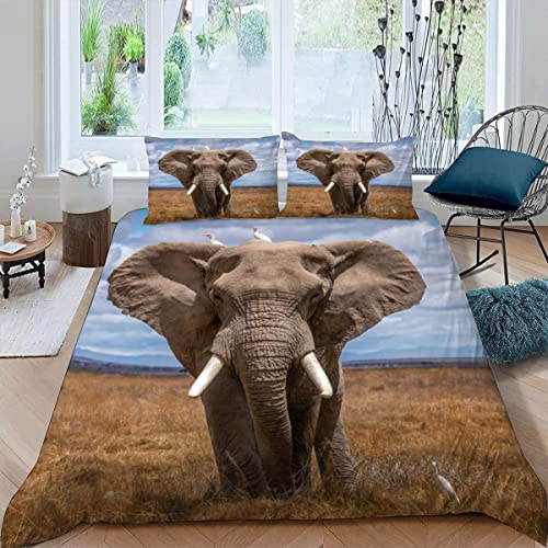 ALABOW Elefant Bettwäsche 155x220 cm 3teilig mit Reißverschluss 3D Afrika Natur Tiere Bettwäsche Sets Warme Winter Sommer Weich Bettbezüge mit 2 Kissenbezug 80x80 cm für Teenager von ALABOW