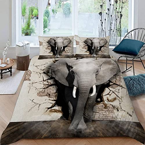 ALABOW Elefant Bettwäsche 155x220 cm 3teilig mit Reißverschluss 3D Lustig Tiere Elefanten Bettwäsche Sets Warme Winter Sommer Weich Bettbezüge mit 2 Kissenbezug 80x80 cm für Teenager von ALABOW