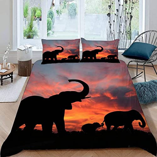 ALABOW Elefant Bettwäsche Set 135x200 cm 2teilig mit Reißverschluss Weiche und Angenehme Schlafkomfort Microfaser Bettbezug Sonnenuntergang Natur Tiere Kinderbettwäsche mit Kissenbezug 80x80 von ALABOW