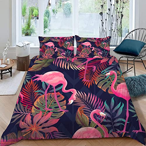 ALABOW Flamingo Bettwäsche Set 135x200 cm 2teilig mit Reißverschluss Weiche und Angenehme Schlafkomfort Microfaser Bettbezug Tropisch Dschungel Palmblätter Kinderbettwäsche mit Kissenbezug 80x80 von ALABOW