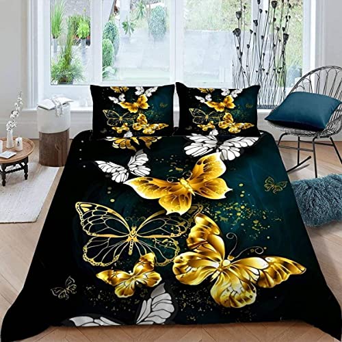 ALABOW Goldener Schmetterling Bettwäsche 155x220 cm 3teilig mit Reißverschluss 3D Retro Bettwäsche Sets Warme Winter Sommer Weich Bettbezüge mit 2 Kissenbezug 80x80 cm für Teenager von ALABOW