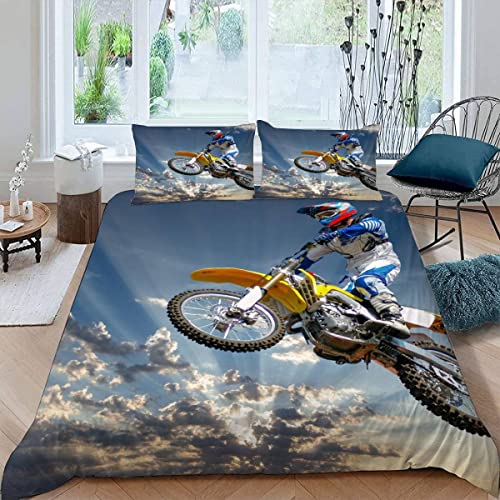 ALABOW Motocross Bettwäsche Set 135x200 cm 2teilig mit Reißverschluss Weiche und Angenehme Schlafkomfort Microfaser Bettbezug Motorrad Kinderbettwäsche mit Kissenbezug 80x80 von ALABOW