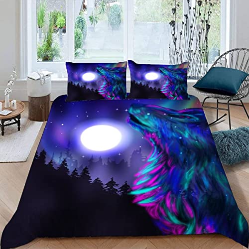 ALABOW Wolf Bettwäsche 155x220 cm 3teilig mit Reißverschluss 3D Mond Sternenhimmel Wolf Bettwäsche Sets Warme Winter Sommer Weich Bettbezüge mit 2 Kissenbezug 80x80 cm für Teenager von ALABOW