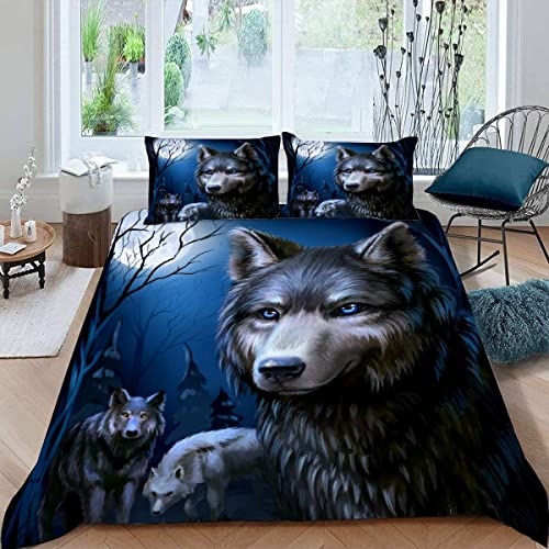 ALABOW Wolf Bettwäsche Set 135x200 cm 2teilig mit Reißverschluss Weiche und Angenehme Schlafkomfort Microfaser Bettbezug Wald Mond Kinderbettwäsche mit Kissenbezug 80x80 von ALABOW