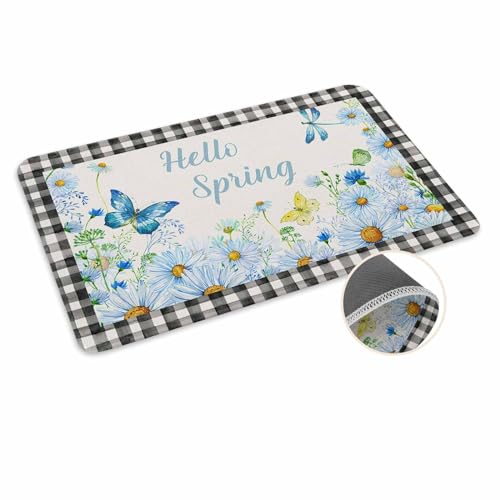 ALAGEO Fußmatte Aquarell Blau Gänseblümchen Willkommensmatte Eingang Bodenmatte Büffel Karo Schmetterling Libelle Tür Mar Indoor Outdoor Eingang Bodenmatte rutschfeste Gummimatte 45,7 x 76,2 cm von ALAGEO