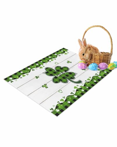 ALAGEO St. Patrick's Day Fußmatte Glückskleeblatt Holzmaserung Fußmatte Willkommen Matten Grün Büffel Plaid Frühling Bodenmatte Eingangsteppich für drinnen und draußen Zuhause Badezimmer Dekor 45,7 x von ALAGEO