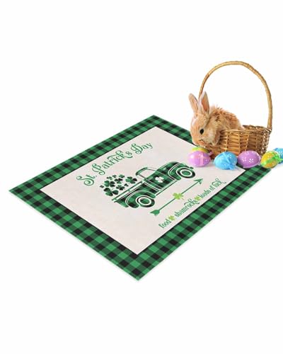 ALAGEO St. Patrick's Day Fußmatte Lucky Truck Kleeblatt Fußmatte Willkommen Matten Grün Büffel Kariert Frühling Bodenmatte Eingangsteppich für drinnen und draußen Zuhause Badezimmer Dekor 45,7 x 76,2 von ALAGEO
