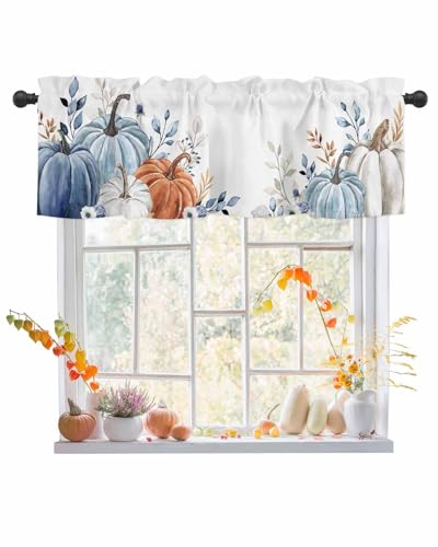 Herbstvolants für Fenster, Aquarell, Kürbis, Herbst-Küchenvorhänge, Stangentasche, Herbst-blaue Blätter, Erntedankfest, Volant, Fenstervorhang für Herbst, saisonale Dekoration, 1 Panel, 137 x 45 cm Herbstvolants für Fenster, Aquarell, Kürbis, Herbst-Küchenvorhänge, Stangentasche, Herbst-blaue Blätter, Erntedankfest, Volant, Fenstervorhang für Herbst, saisonale Dekoration, 1 Panel, 137 x 45 cm von ALAGEO