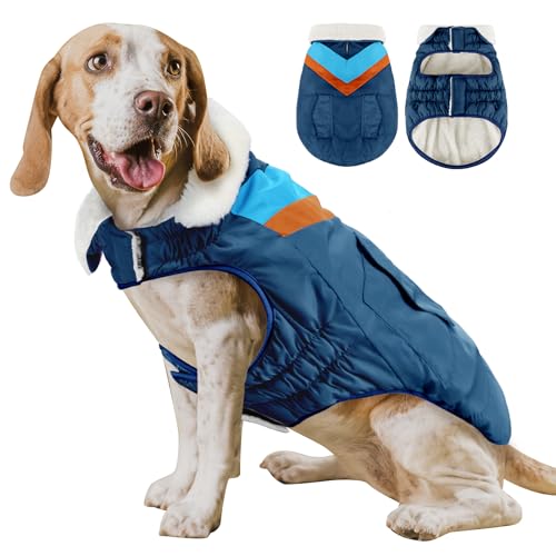 Hundemantel Hundejacke für Große Hunde Warme Hoher Kragen Baumwolle Winterhundemäntel mit Klettverschluss ALADC1104-Navy-L von ALAGIRLS