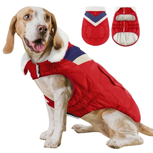 Hundemantel Winter Warme Hundekleidung Hoher Kragen Medium Hundejacke Gestreifter Hundemantel mit Klettverschluss und Taschen ALADC1104-Red-M von ALAGIRLS