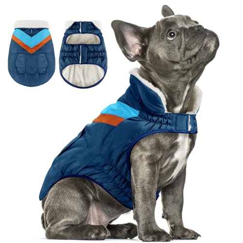 Hundemantel Winter Warme Hundekleidung Hoher Kragen Medium Hundejacke Gestreifter Hundemantel mit Klettverschluss und Taschen ALADC1104-Navy-M von ALAGIRLS