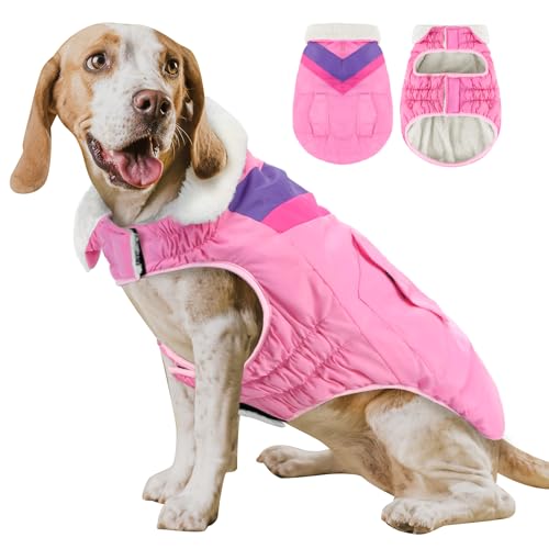 Hundemantel Hundejacke für Große Hunde Warme Hoher Kragen Baumwolle Winterhundemäntel mit Klettverschluss ALADC1104-Pink-XXL von ALAGIRLS