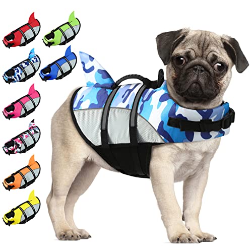 ALAGIRLS Hundeschwimmweste Hund Rettungsweste für Hunde mit Reflektierenden Streifen, Größenverstellbar mit Starkem Auftrieb und Rettungsgriff zum Schwimmen, Surfen, Bootfahren ALADLJ001 BlueCamo S von ALAGIRLS