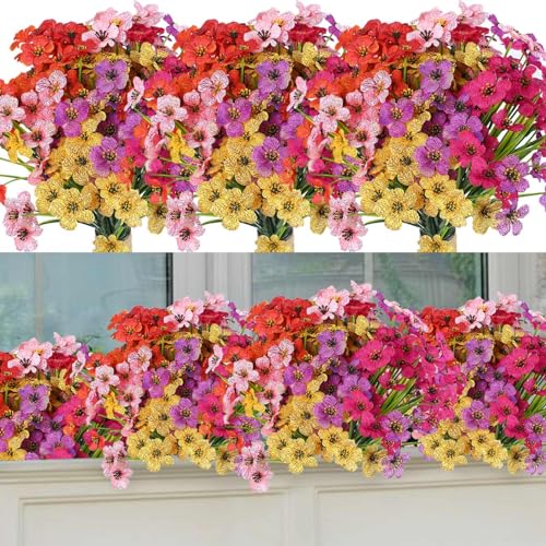 ALAGIRLS Kunstblumen für Draußen, 6 Farben UV-beständige Pflanzen Plastik Blumenstrauß Blumen, 12 Stück Künstliche Violett Blumen für Aufhängen Hausgarten Veranda Fenster Hochzeits Deko,Mehrfarbig von ALAGIRLS