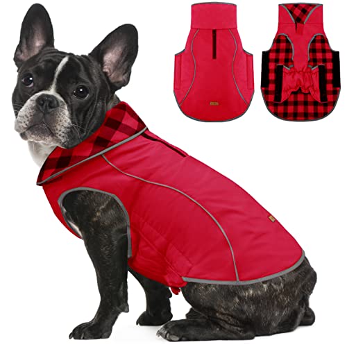 Wendbarer Dicker Hunde Wintermantel Welpenjacke, Weiche Winddichte Hundeweste Kleidung, Mode Klassische Karierte Warme Hundschneejacke Haustier Kleidung Outfits, Rot S von ALAGIRLS