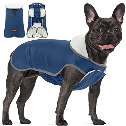 Hundemantel Französische Bulldogge, Winddicht Hundekleidung Outfit Weste, Wasserdicht Hundemantel, Winter Warme Ärmellose Jacke für Mittlere Große Hunde, Navy XL von ALAGIRLS