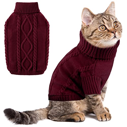 Rollkragen Hundepullover Weihnachten, Warme Welpenkleidung Klassische Strickwaren Niedlicher Katzenpullover für kleine Hunde, Haustier Chihuahua Outfits Kleidung für kleine Hunde, Burgundy S von ALAGIRLS