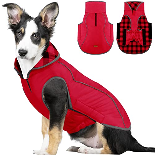 Wasserdichter Hunde Wintermantel, Reflektierende Winddichte Hundeweste, Warme Baumwolle Ggefütterte Haustier Schneejacke, Wendbare Hundemantel Welpenbekleidung, Rot XL von ALAGIRLS