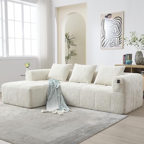 ALAMHI Chenille Ecksofa mit Chaiselongue | mit Schlaffunktion 3-Sitzer L-Form Sofa | Design mit eitentaschen | Keine Montage benötigt - Gepolstertes Couch für Wohnzimmer, Wohnungen, Büros usw (Beige) von ALAMHI