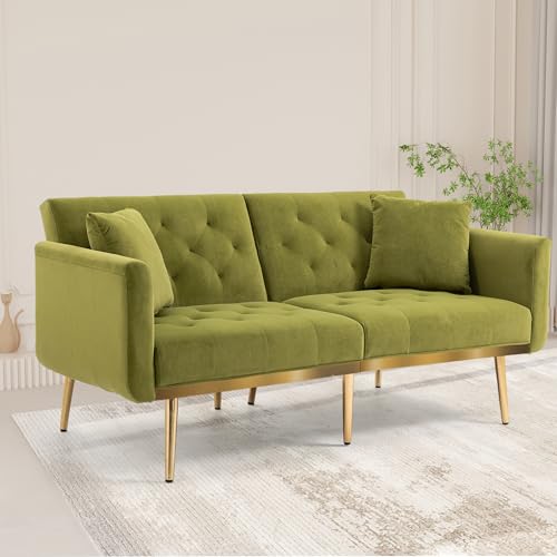 ALAMHI Modernes 2 Sitzer Sofa,Schlafsofa aus Samtbezug,Couch, Klappsofa mit Verstellbare Rückenlehne, Deluxe Sofa mit Schlaffunktion– Polstersofa für kleine Räume Wohnzimmer, Wohnung, Buro (Oliv) von ALAMHI