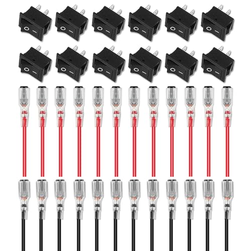 ALAMSCN 12 Stück Mini Wippschalter 2-Polig ON/OFF Kippschalter KCD1-Schalter + 12 Set Kabel Rot Schwarz für Auto Marine Boot Haushaltsgeräte von ALAMSCN