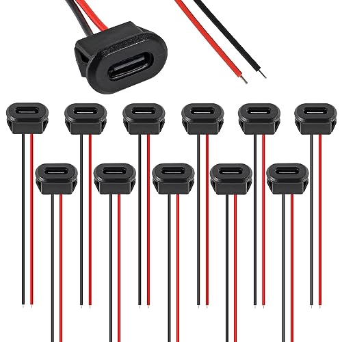 ALAMSCN 12 Stück Wasserdichte Typ-C-Buchse 2 Polig USB C Einbausteckverbinder 3A USB-C-Ladesteckdose, Flaches Schwarz von ALAMSCN