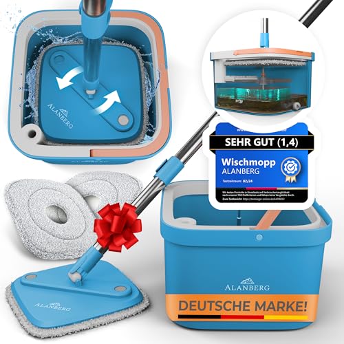 ALANBERG® Wischmopp Set mit Eimer – 2-Kammer-System zur Trennung von Schmutz- und Frischwasser – mit 160 cm Teleskopstange, Mikrofaser-Wischpads – Bodenwischer für alle Bodenarten, Blau von ALANBERG