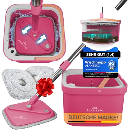 ALANBERG® Wischmopp Set mit Eimer – 2-Kammer-System zur Trennung von Schmutz- und Frischwasser – mit 160 cm Teleskopstange, Mikrofaser-Wischpads – Bodenwischer für alle Bodenarten, Rosa von ALANBERG
