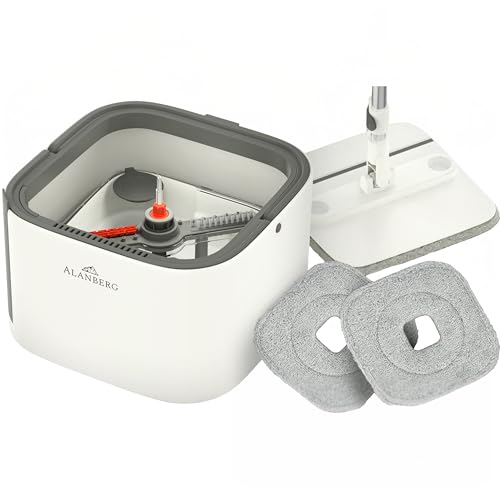 ALANBERG® Wischmopp Set mit Eimer – Gen 2 – Trennung von Schmutz- und Frischwasser – praktisches Auswringsystem, mit Mikrofaser-Wischpads – Bodenwischer für alle Bodenarten, Farbe: Weiß von ALANBERG