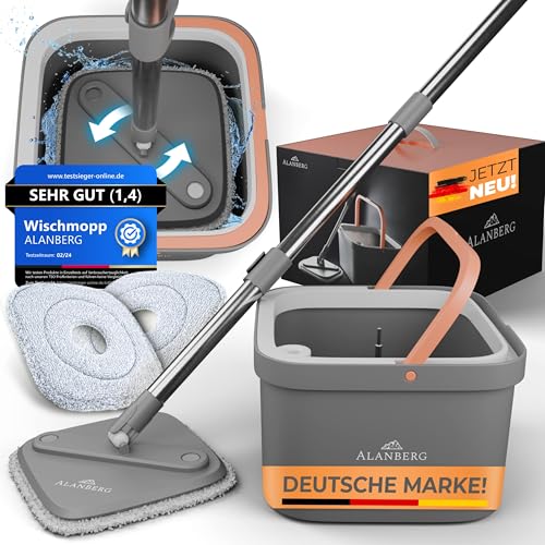 ALANBERG® Wischmopp Set mit Eimer – 2-Kammer-System zur Trennung von Schmutz- und Frischwasser – mit 160 cm Teleskopstange, Mikrofaser-Wischpads – Bodenwischer für alle Bodenarten, Grau von ALANBERG