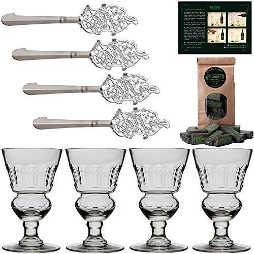 ALANDIA Absinth Zubehör Set | 4X Absinth Gläser mundgeblasen | 4X Absinth Löffel Edelstahl | 1X Absinth-Zuckerwürfel von ALANDIA