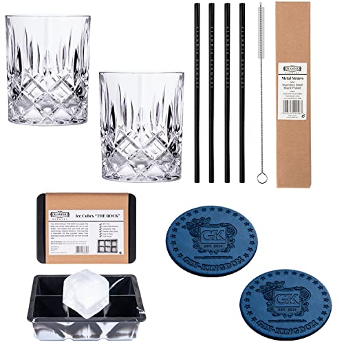 Gin Gläser Set | 2X Gin Gläser Kristall Tumbler Glas | 2X Glasuntersetzer | 4X Strohhalme Edelstahl schwarz | XXL Eiswürfelform Silikon mit Deckel von ALANDIA