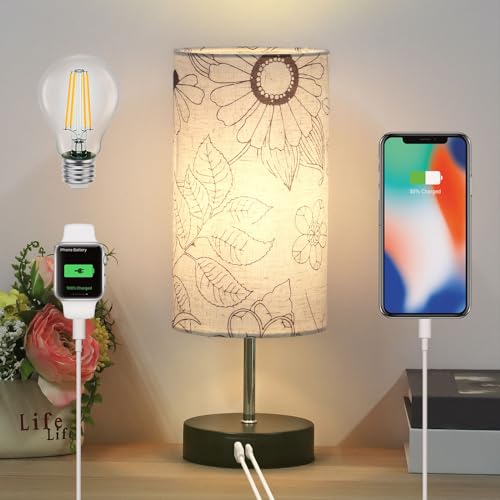 ALANTOP Nachttischlampen Touch Dimmbar, mit USB A+Type-C-Anschlüssen, Lampenschirm aus Leinen, Enthält eine Glühbirne, Nachttischlampe mit 5ft Kabelsteckerr Kinder für Schlafzimmer Wohnzimmer von ALANTOP